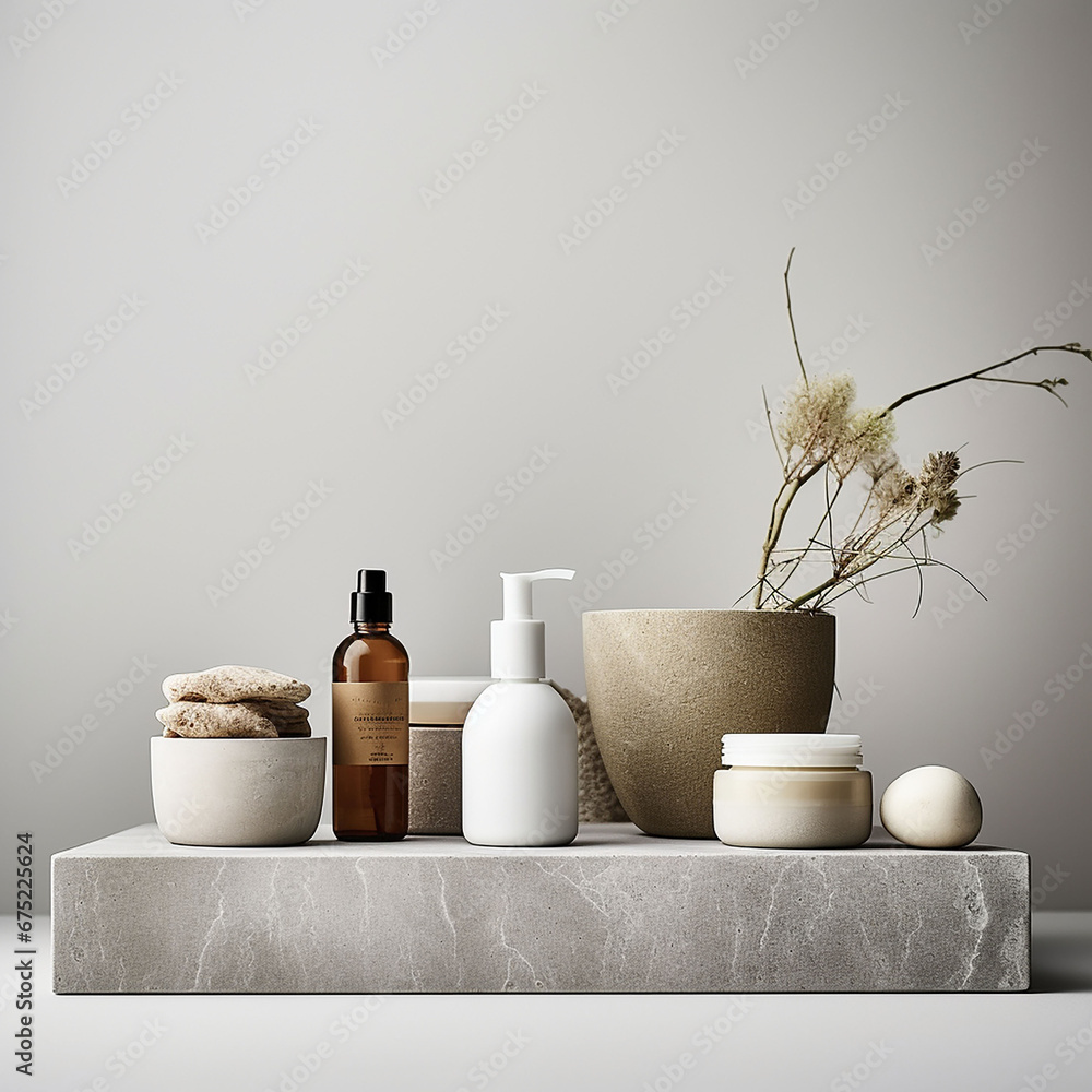 Mockup of cosmetic productsle shelf. 3d render. Mockup of cosmetic productsle shelf. 3d render.