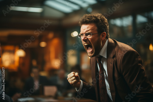 A businessman screaming with anger or joy.