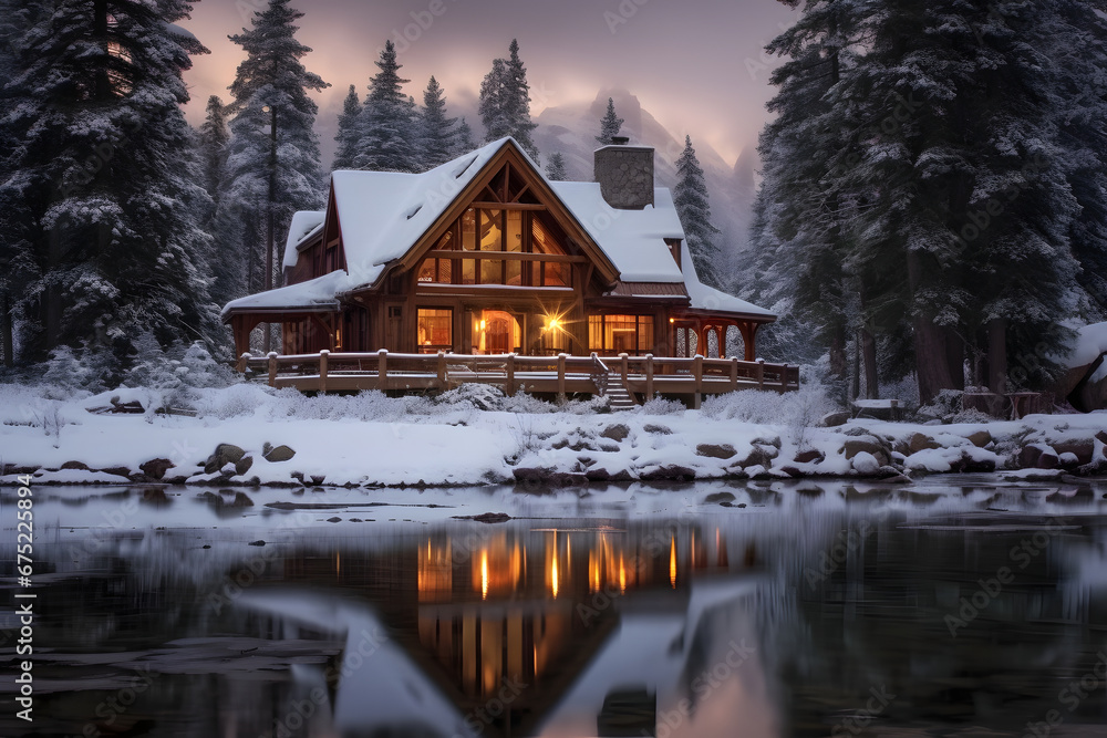 Fototapeta premium Early Evening scene of Beautiful Winter Season of the Mansion - Generated by AI