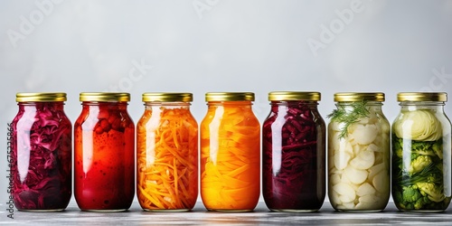 Probiotic food. Pickled or fermented vegetables. Sauerkraut in glass jar on a light background. Home food preserving or canning. Vegan product. photo