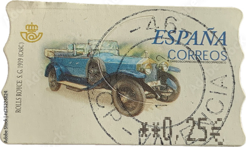 Bari, Italy - November 08, 2023. A stamp printed in Spain shows image of a Rolls Royce S.G. from 1919 (CASC), circa 1996