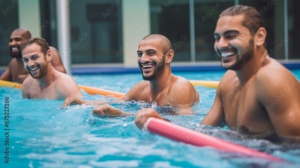 group athletic men doing aquafitness training in the pool group athletic men doing aquafitness training in the pool