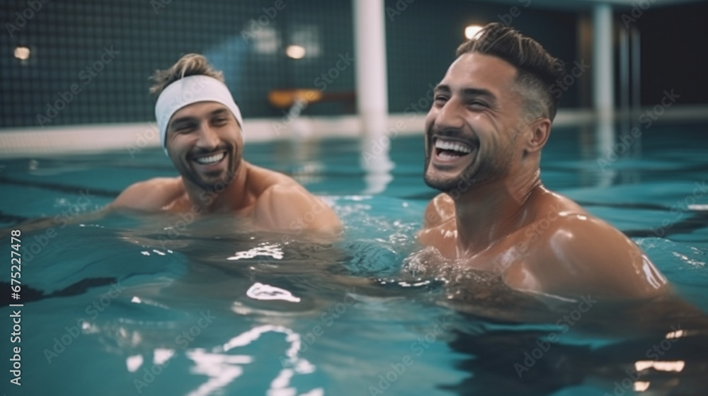 group athletic men doing aquafitness training in the pool