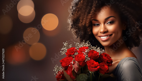 Black african woman with bouquet of red roses, valentine's day concept © yurakrasil