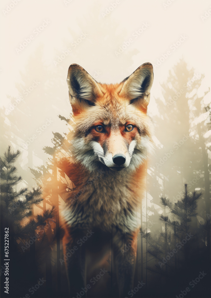 Obraz premium Wild red fox on wite background in wild nature. Fox design or graphic for t-shirt printing.