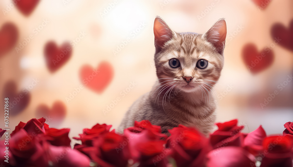 Happy kitten with roses, valentine's day concept Happy kitten with roses, valentine's day concept