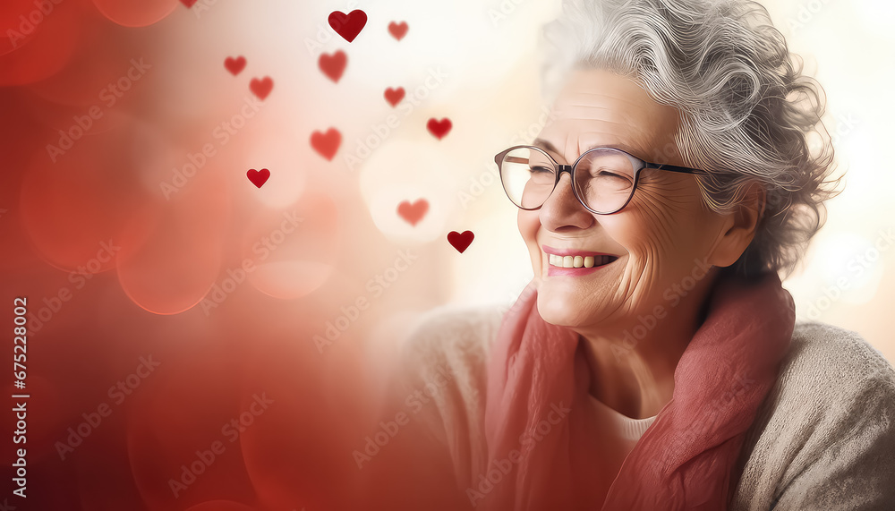 Happy old woman with red hearts on background, valentine's day concept Happy old woman with red hearts on background, valentine's day concept