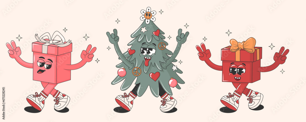 Set of Merry Christmas and Happy New Year  characters in retro groovy hippie style.  Cartoon funky Christmas tree and  gifts. Vector illustration for stickers, stamps, prints or patches.	