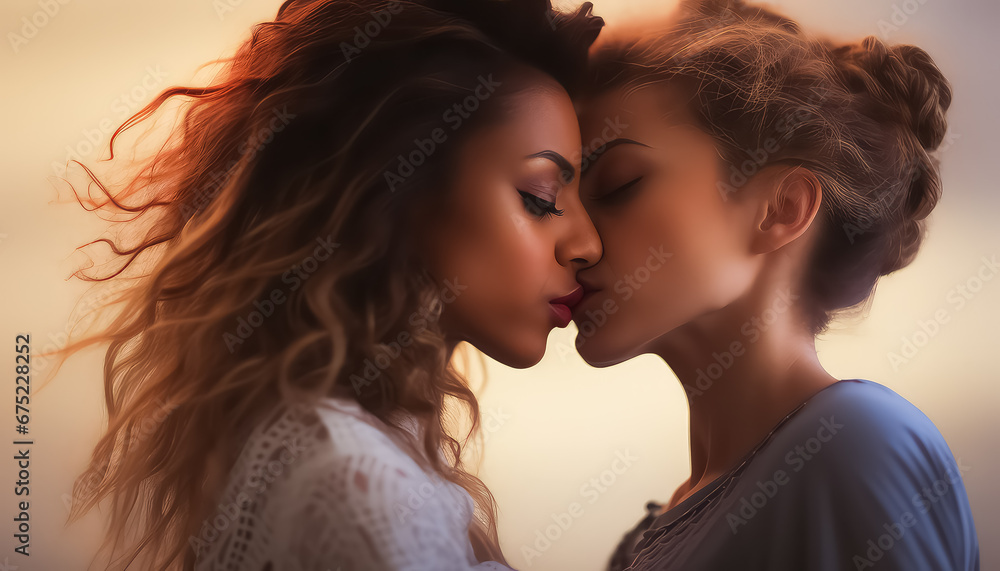 Two lesbians kissing, valentine's day concept