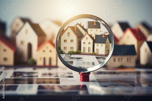 Choice of real estate to buy and invest in House searching concept with magnifying glass , Generative Ai  photo