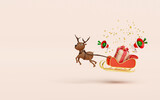 3d reindeer with sleigh, gift box, megaphone or hand speaker, announce promotion news. merry christmas and happy new year, 3d render illustration