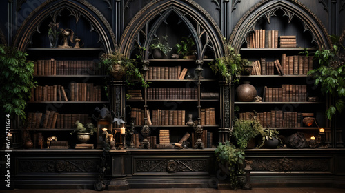 Front view of a bookshelf with books in the interior of a gothic home