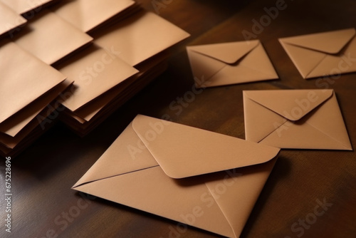 brown paper envelopes on a dark wooden tabletop photo