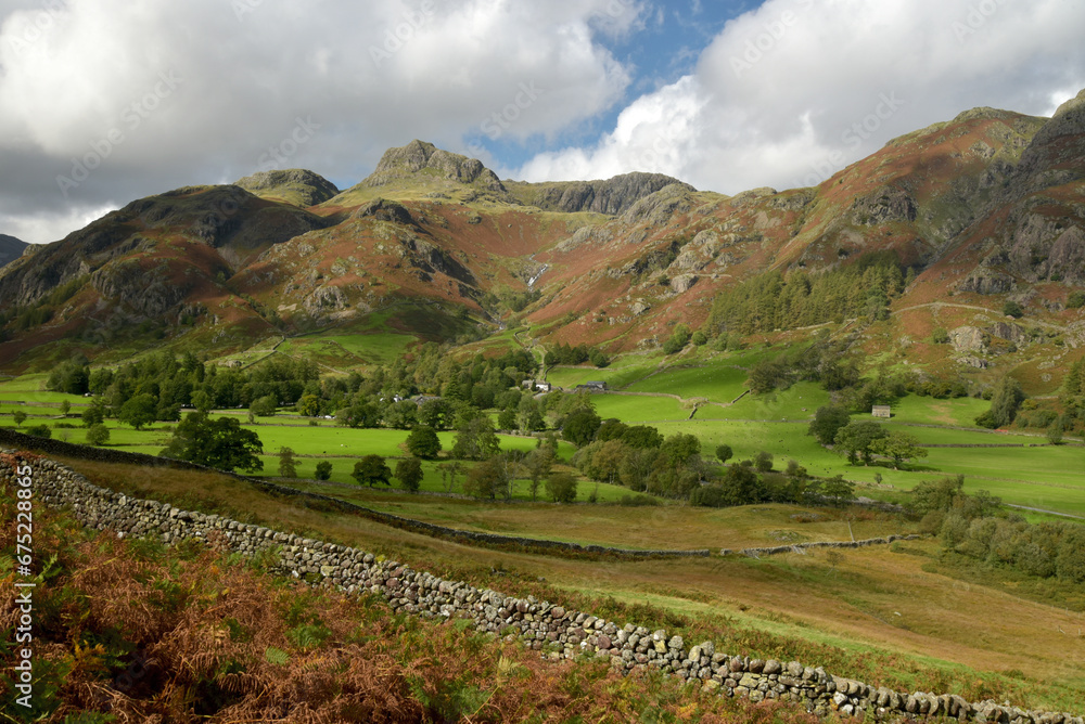 A view up the valley of Great Langdale to the Langdale Pikes in the Lake District