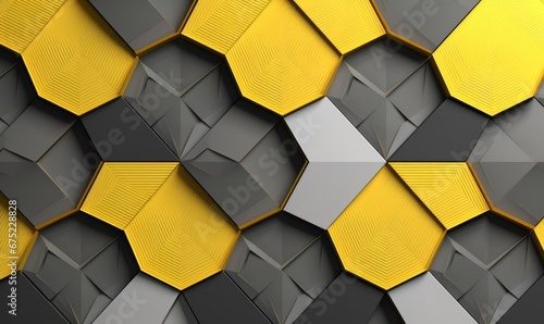 Abstract geometric seamless pattern in gray and yellow with silver decor. Hexagon tiles with relief materials. 3D render  Generative AI