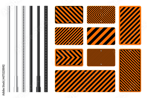Warning, danger signs, attention banners with metal poles. Orange caution sign, construction site signage. Notice signboard, warning banner, road shield. Vector illustration