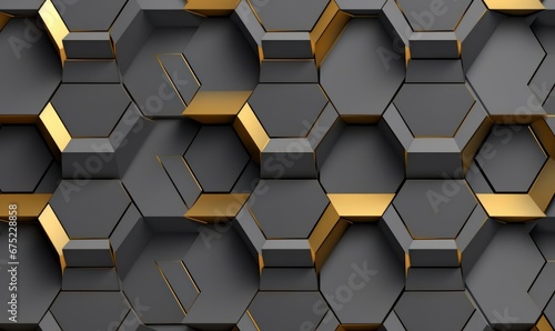 Wallpaper Mural Abstract geometric seamless pattern in gray and golden decor. Hexagon tiles with relief materials. 3D render, Generative AI Torontodigital.ca