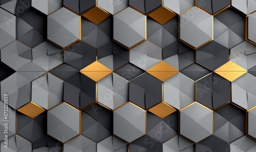 Abstract geometric seamless pattern in gray and golden decor. Hexagon tiles with relief materials. 3D render, Generative AI