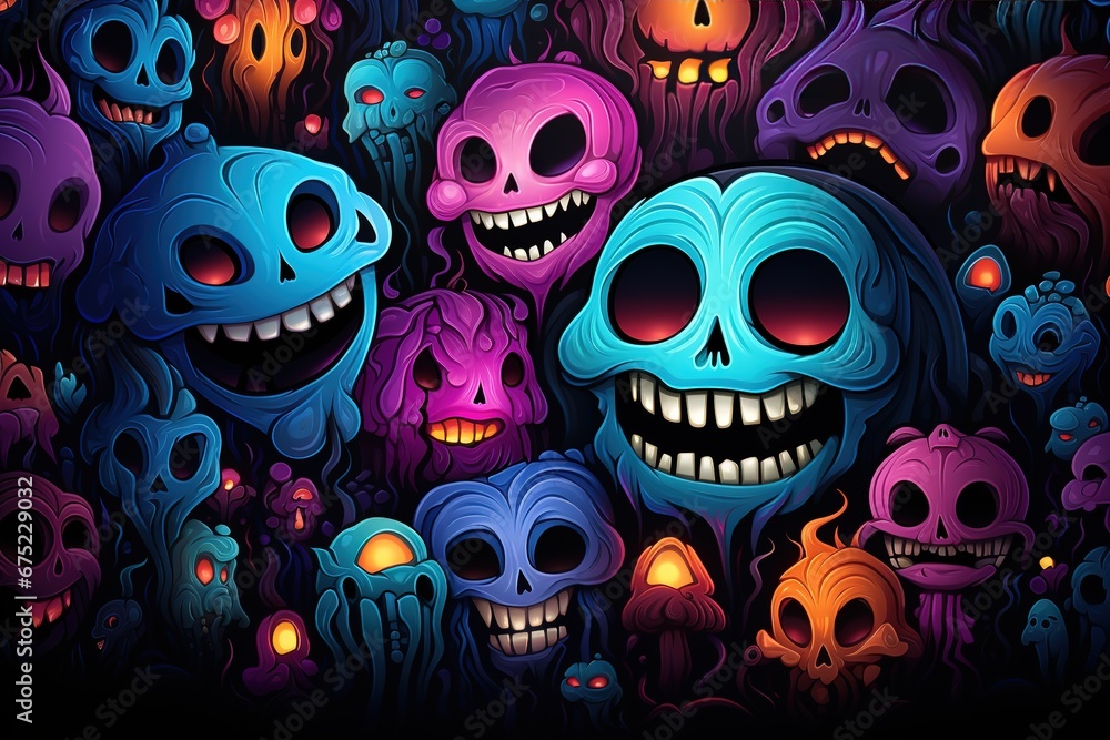 Multicolored drawn funny skulls, Halloween pattern for printing.