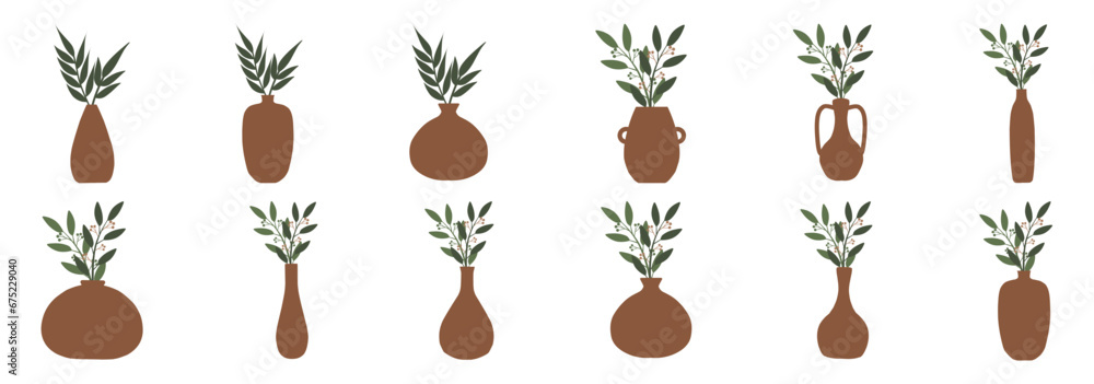 Set of different shapes of decorative vases and pots vector illustration. Minimalist shapes in . Contemporary art for home decor