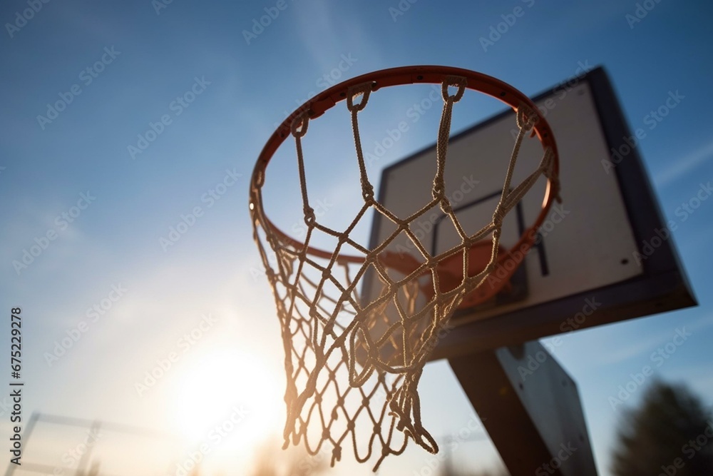 Close-up of a basketball hoop in a field under a clear sky. Generative AI