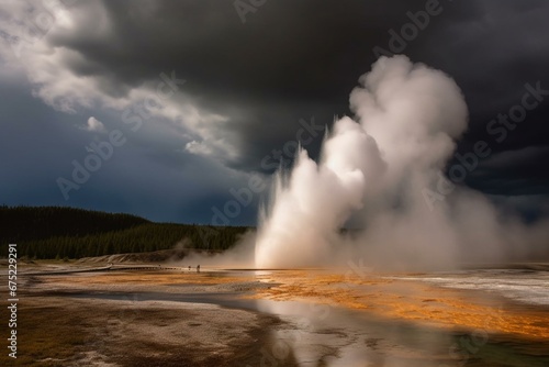 Yellowstone geyser eruption releases explosive steam, water, gas, and lava. Generative AI