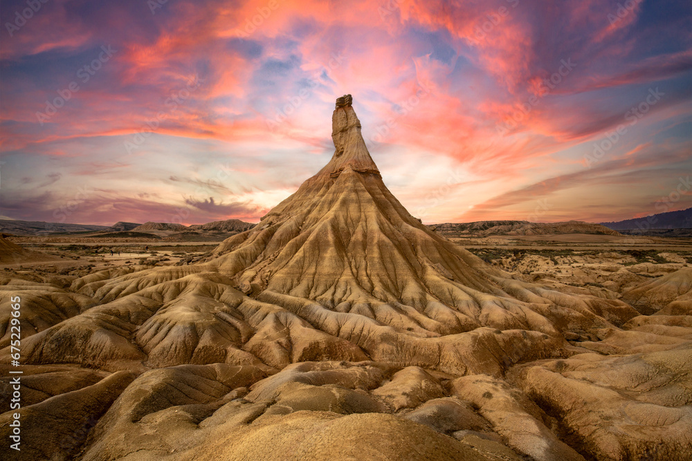 Curious geological formation due to erosion in the Bárdenas Reales natural park, Biosphere reserve, in Navarra, Spain - obrazy, fototapety, plakaty 