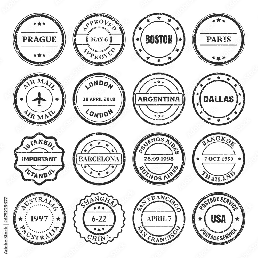 Post stamps, labels and badges. Grunge imprints and postmarks. Vintage circle postcard watermarks. Used envelope design elements. Vector illustration