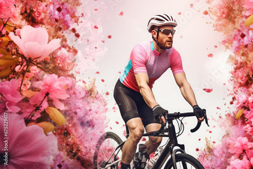 Stylish bearded man in sportswear rides a bicycle against a floral wall background.