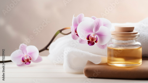 Spa composition, white towel, orchid flower and a jar of aroma oil. Products for relaxation and health on a light background. Skin care