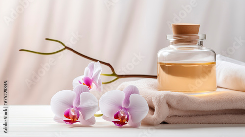 Spa composition, white towel, orchid flower and a jar of aroma oil. Products for relaxation and health on a light background. Skin care