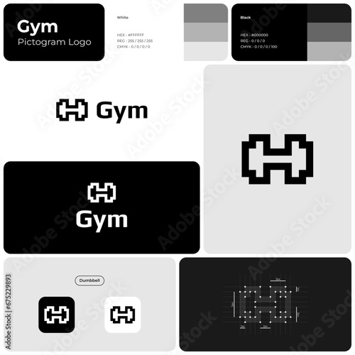 Fitness center monochrome line business logo. 8 bit dumbbell icon. Brand name. Strength business value. Design element. Visual identity. Play font used. Suitable for promotional campaign photo