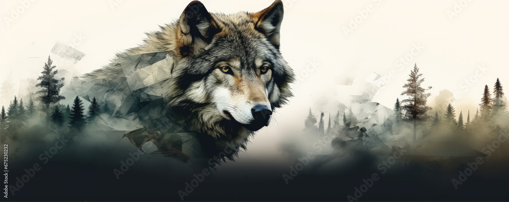 Fototapeta Wild wolf (canis lupus) on wite background in wild nature. Wolf design or graphic for t-shirt printing.
