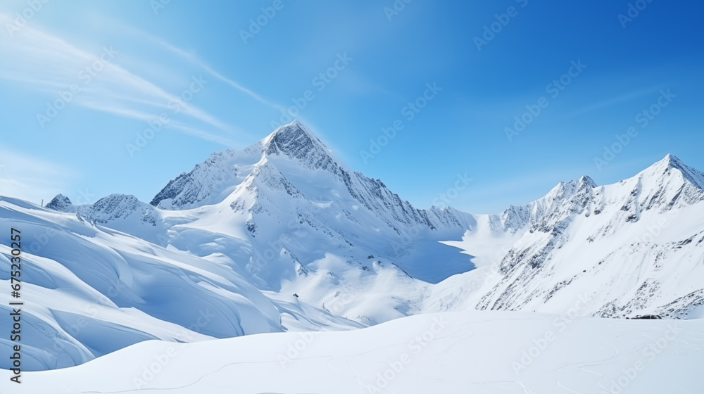 Wide angle view landscape of white snowy mountains range with clear blue sky during cold winter. Nature concept for extreme lifestyle product background Wide angle view landscape of white snowy mountains range with clear blue sky during cold winter. Nature concept for extreme lifestyle product background