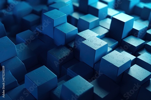 Futuristic minimal blue banner with geometric shapes. Background made of cubes of different levels. Big Data