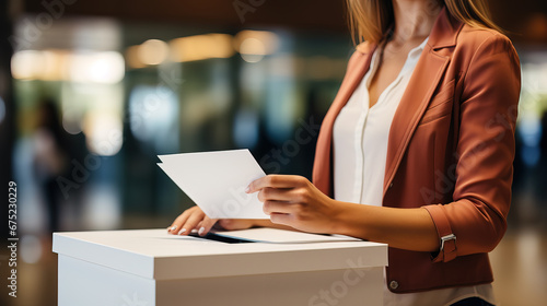 Hand of a woman voting at a ballot box during elections