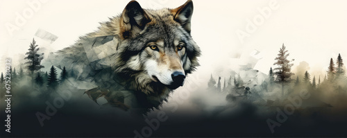 Wild wolf (canis lupus) on wite background in wild nature. Wolf design or graphic for t-shirt printing. photo