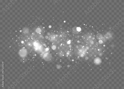 Sparkling magic dust particles. White sparks glitter special light effect. Christmas abstract pattern. Vector sparkles on transparent background.
