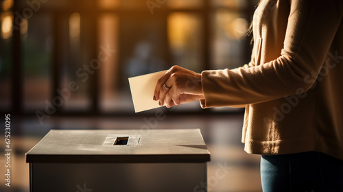 Hand of a woman voting at a ballot box during elections