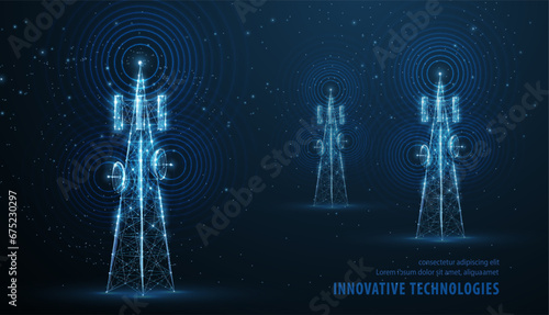 Abstract antenna mast on blue. 5G technology, telecommunication industry