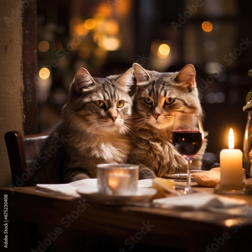 cats are like people, a couple of cats in love at a table in a cafe
