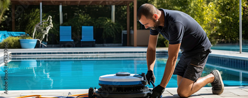 Swimming pool cleaner or maintenance service. photo