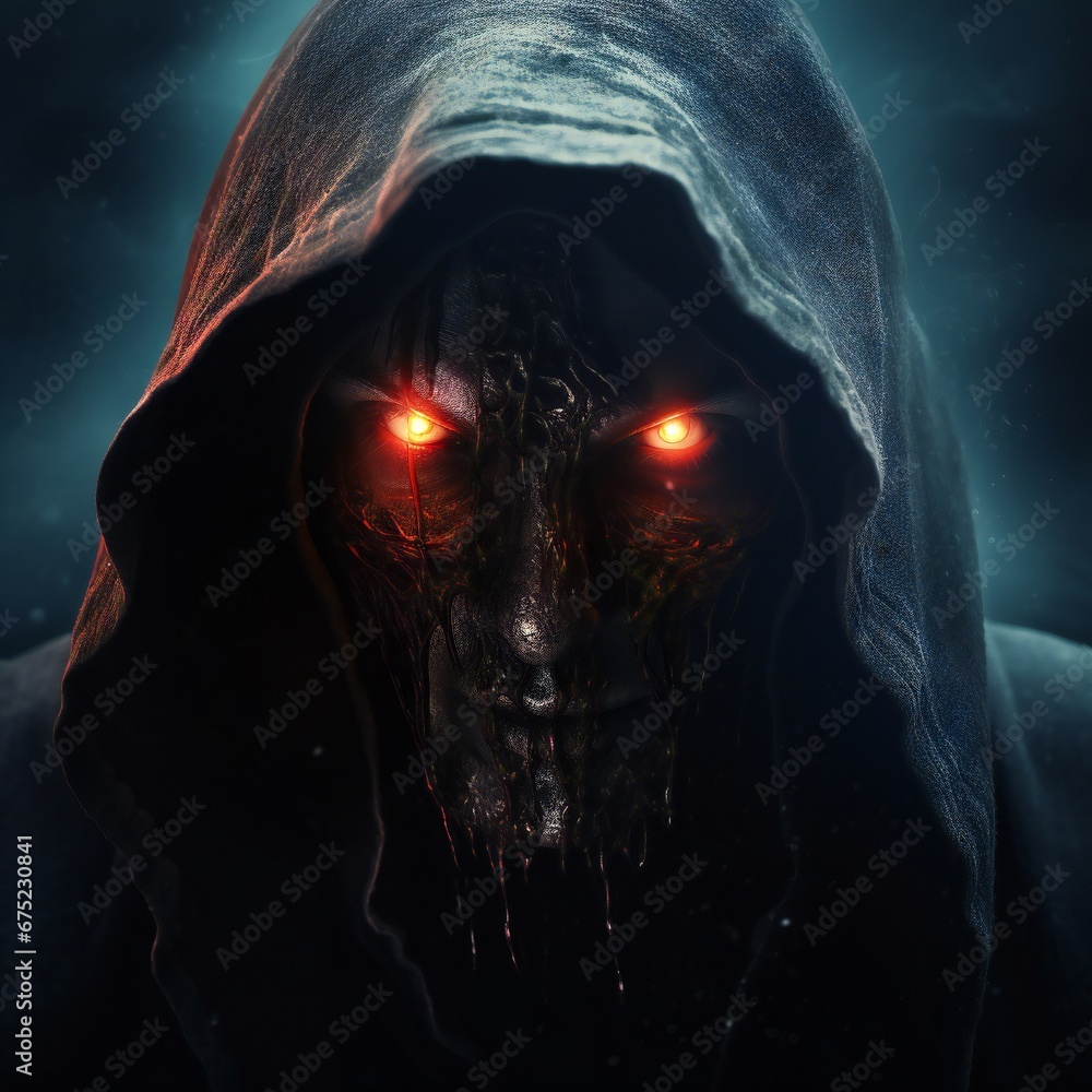 Scary death face staring at you with red eyes from dark space Generative AI Scary death face staring at you with red eyes from dark space Generative AI