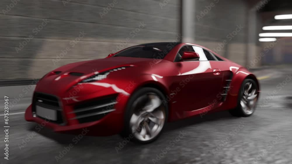 Modern brandless red sports car in motion Modern brandless red sports car in motion
