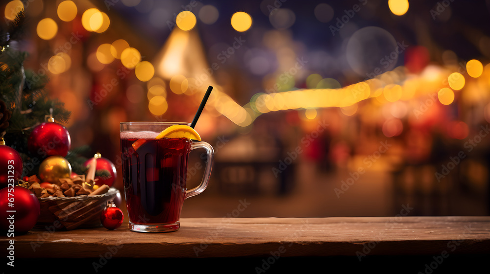 Glass of hot mulled wine on a table on a decorated Christmas street - obrazy, fototapety, plakaty 