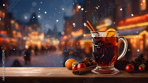 Glass of hot mulled wine on a table on a decorated Christmas street © Taisiia
