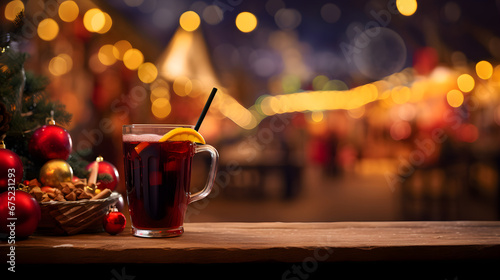 Glass of hot mulled wine on a table on a decorated Christmas street photo