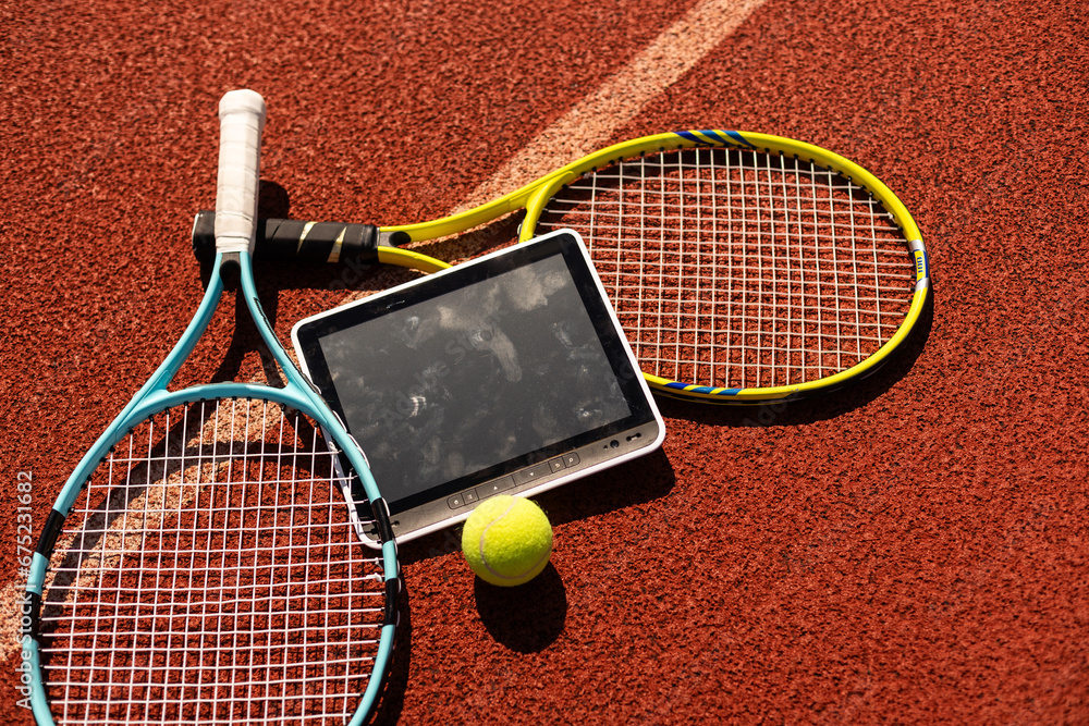 sport, fitness, technology, game and objects concept - close up of tennis racket with ball and tablet pc computer 