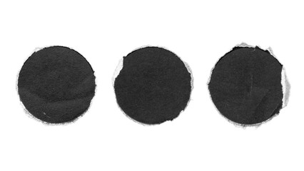 torn and ripped paper circles rounds with jagged edges from black paper in Y2K retro style, png isolated cardboard pieces on transparent background