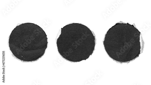 torn and ripped paper circles rounds with jagged edges from black paper in Y2K retro style, png isolated cardboard pieces on transparent background photo
